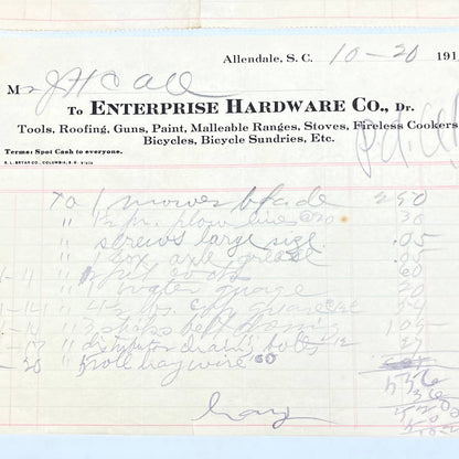 1913 Enterprise Hardware Co Letterhead Receipt Allendale SC Set of 2 AC3-3