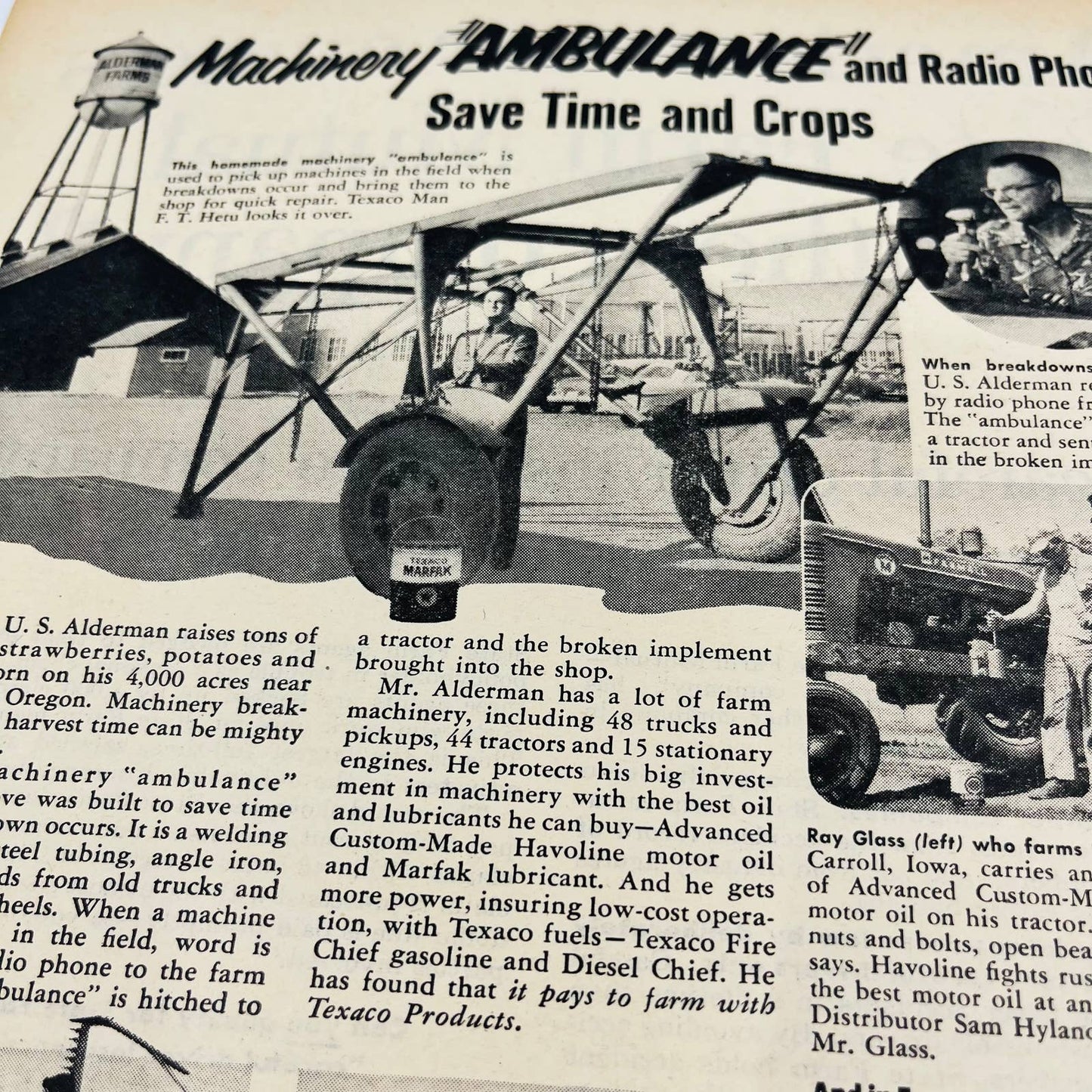 Vintage Advertisement TEXACO Products “Machinery Ambulance” Alderman Farms AA1