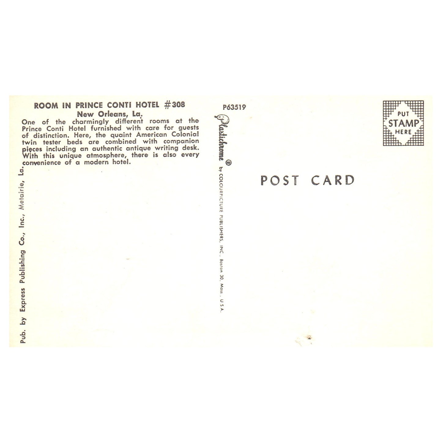 Vintage Postcard - Room in Prince Conti Hotel #308 New Orleans Louisiana P4-6