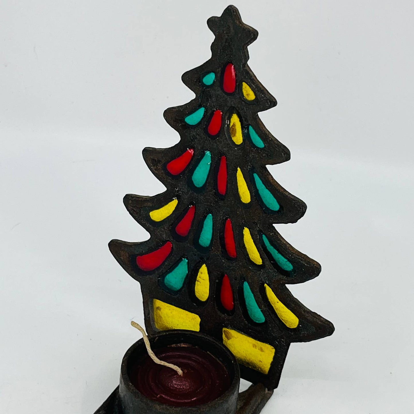 Retro 1970s Stained Glass Metal Christmas Tree Votive Candle Holder 7.5" TC9