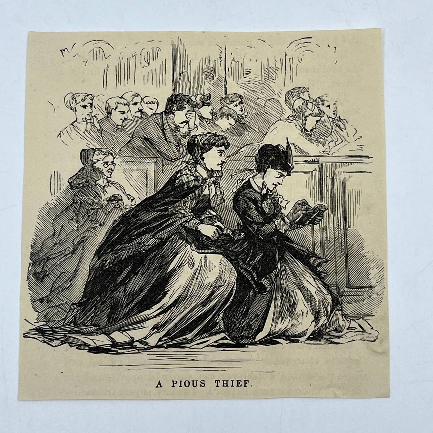 1880s Original Art Print Engraving A Pious Thief Victorian New York ~4.5" AC9