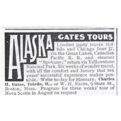 Alaska Gates Tours H. Gates Toledo Ohio - 1903 Original Ad TJ7-S9
