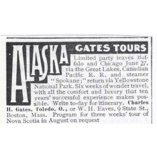 Alaska Gates Tours H. Gates Toledo Ohio - 1903 Original Ad TJ7-S9