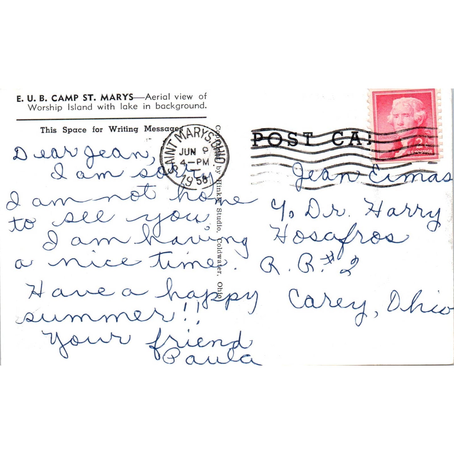 Vintage Postcard Aerial View of Worship Island E.U.B. Camp St. Marys OH TD8-O2