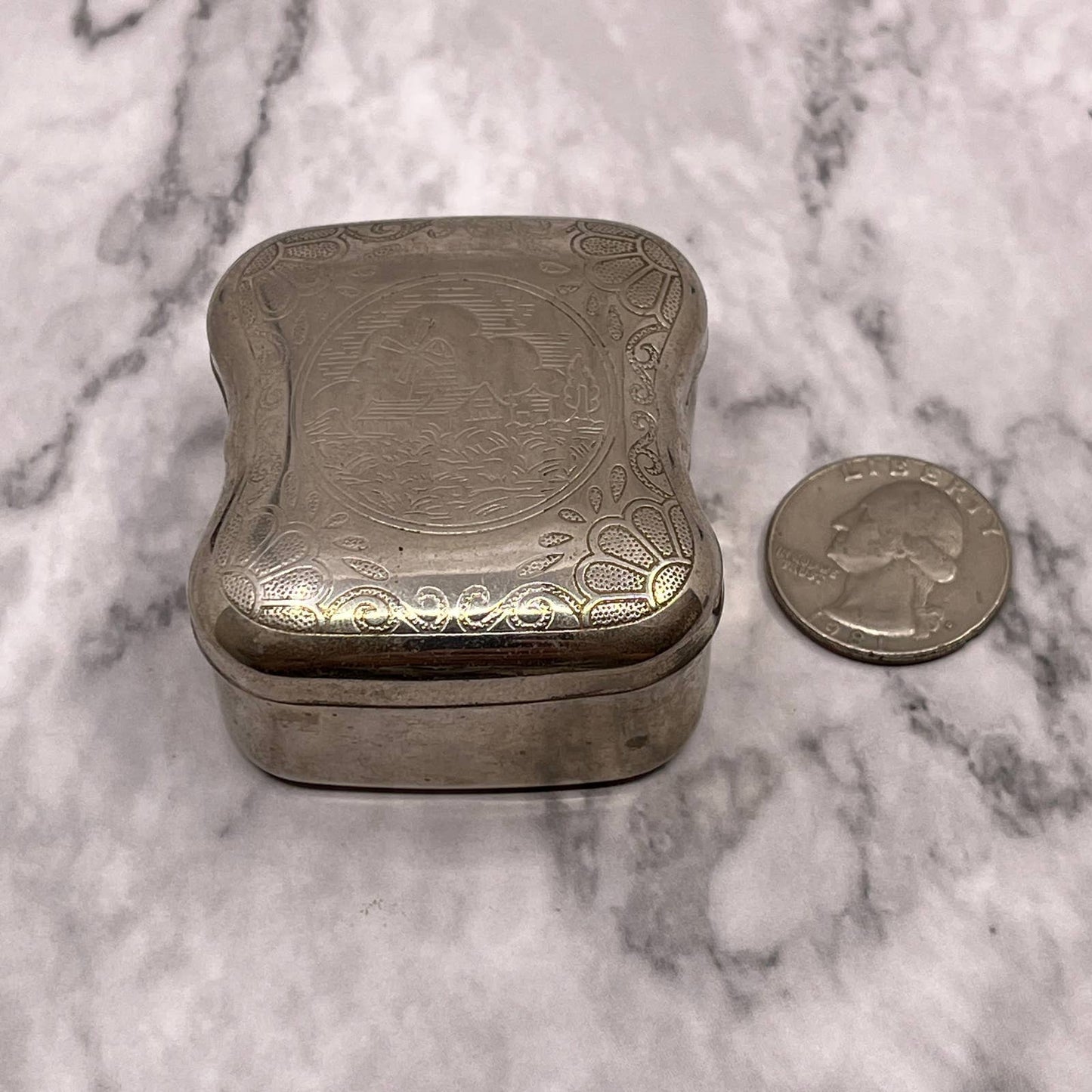 Small Trinket Etched Dutch Windmill Pill Box Silver Tone SA2