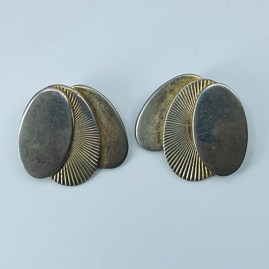 Vintage Art Deco Silver Tone Oval Sunburst Clip Earrings SB2