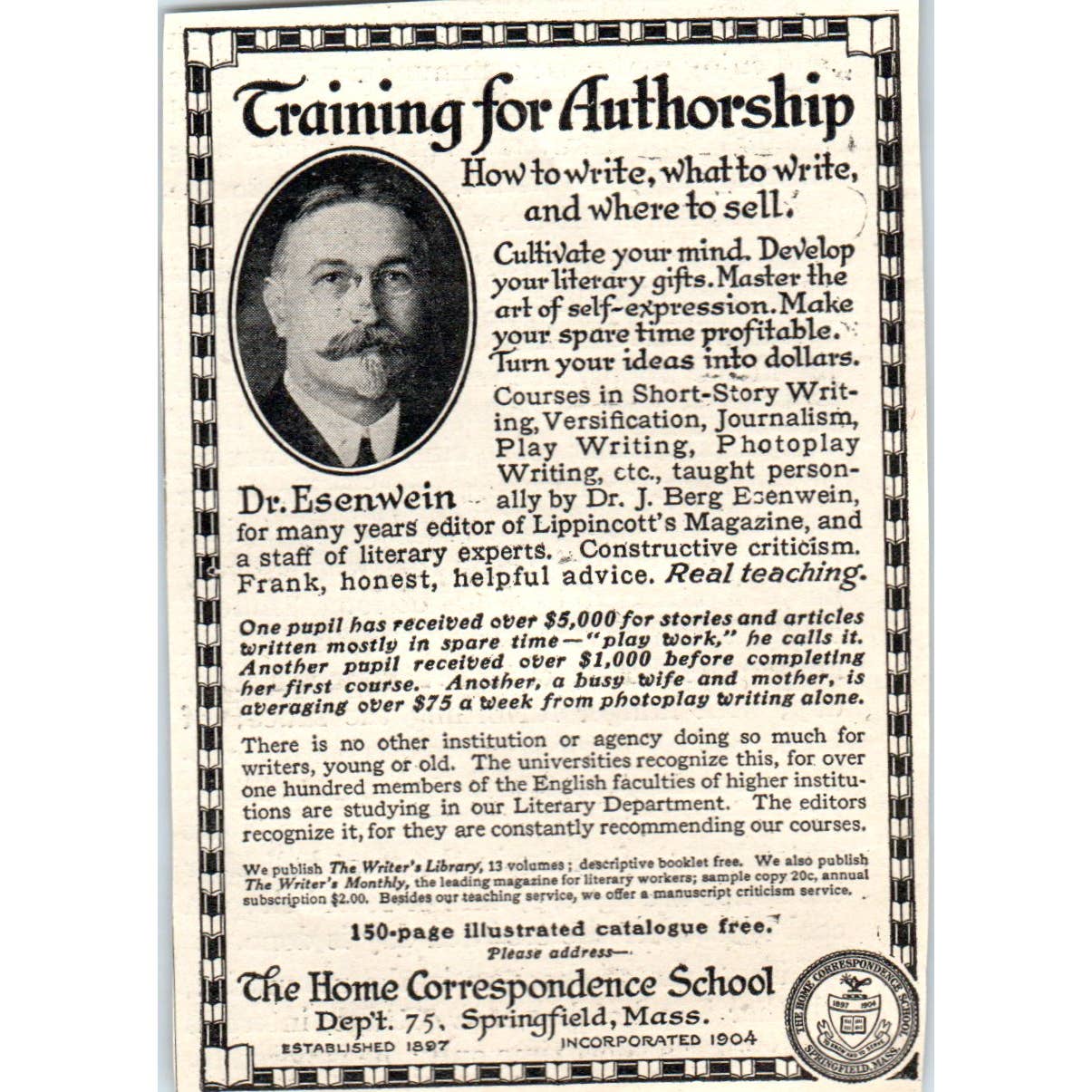 c1920 Harper's Magazine Ad Dr. Esenwein Correspondence School Springfield EA3-4