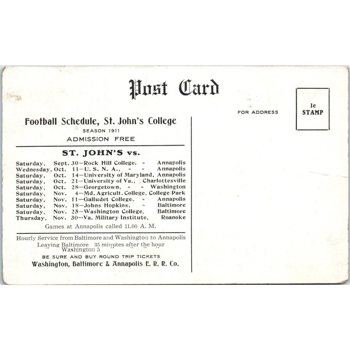 St. John's College 1911 Football Schedule Original Postcard TK1-23