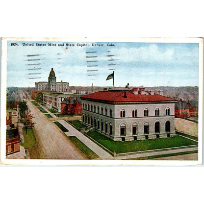 United States Mint and State Capitol 1923 Denver CO Original Postcard TK1-28