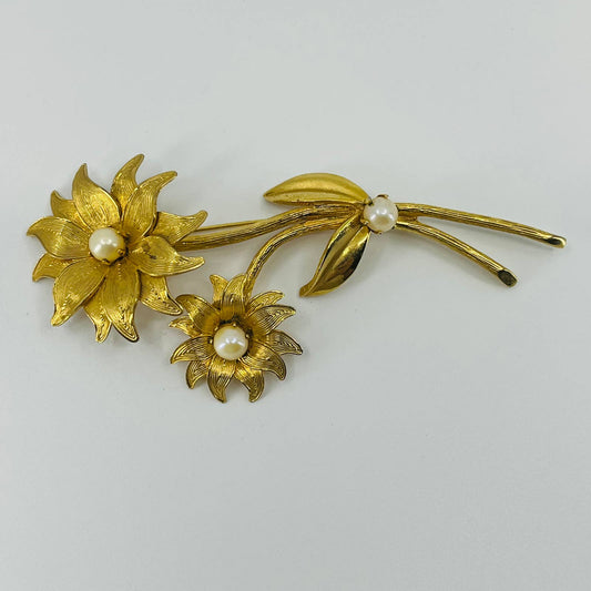1950s Long Stem Flowers Brooch Gold Tone Faux Pearl SA6