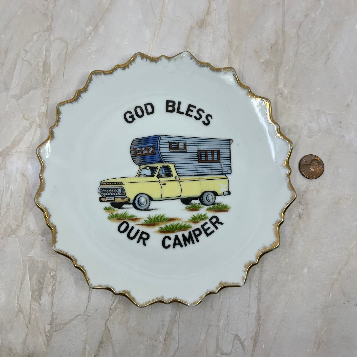 God Bless Our Camper 65 Ford Pickup w/ Slide in 7" vintage Wall Hang Plate TE5