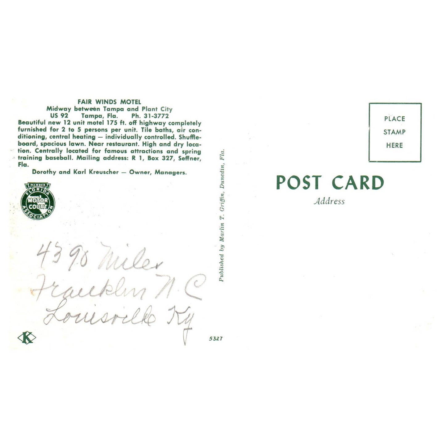 Fair Winds Motel Tampa & Plant City FL Dorothy & Karl Kreuscher - Postcard TJ8-1