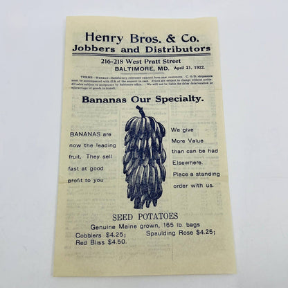 1925 Henry Bros. & Co. Jobbers & Distributors Bananas Price List Baltimore MD D5