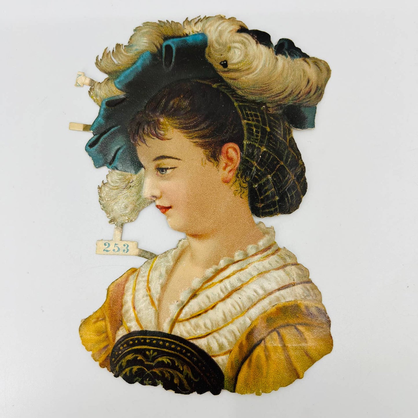 1880s Victorian Die Cut Scrap Fancy Lady With Feather Hat 5.25 x 3.5 253 AA2