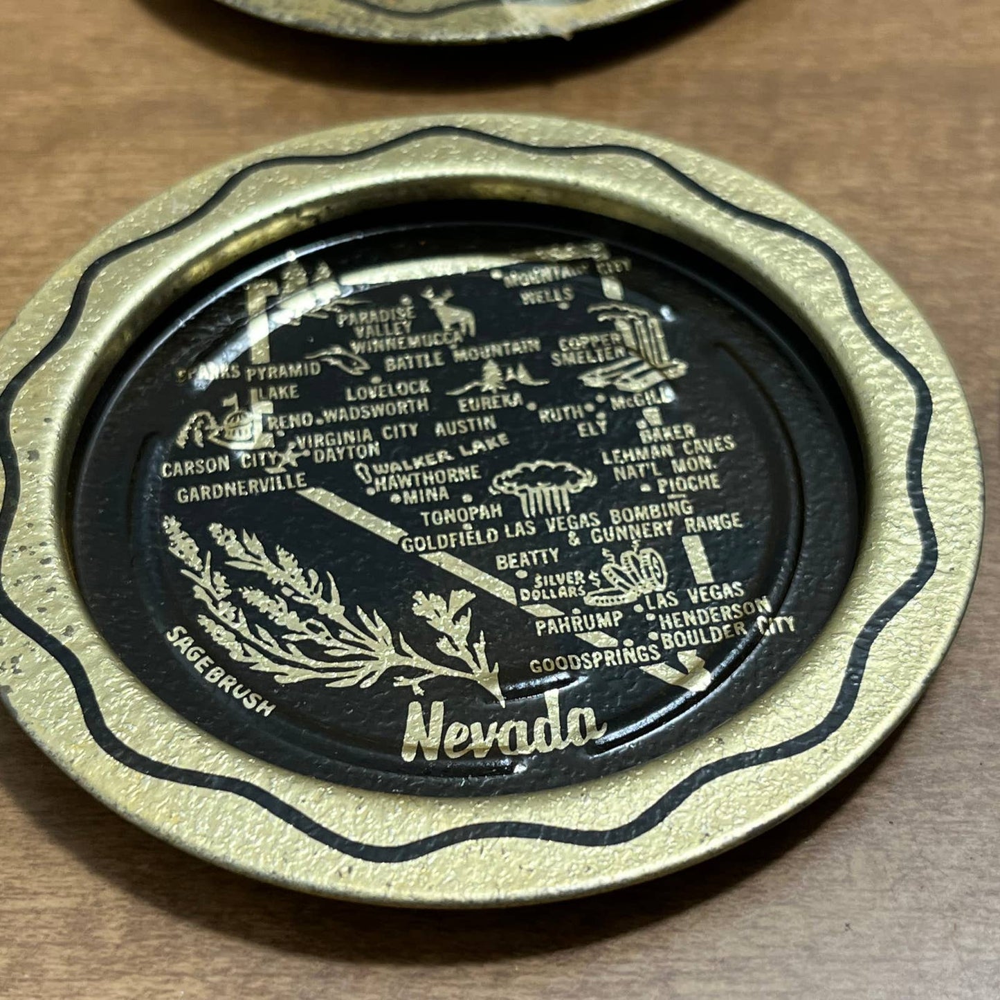 Vintage Black & Gold Metal State Souvenir Coaster Plaque Set of 6 Nevada 11” TG8