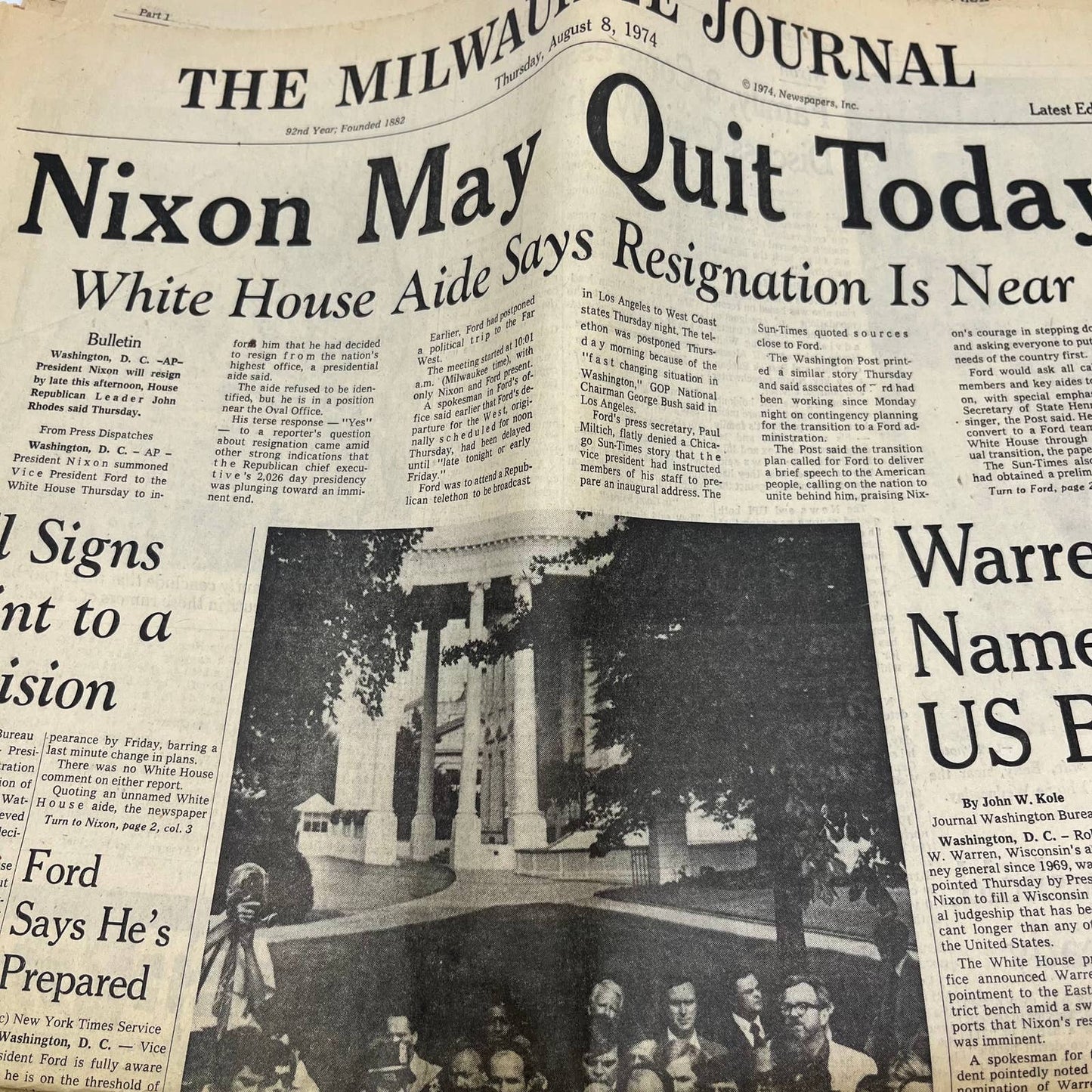1974 Aug 8-11 MILWAUKEE Journal Newspapers Nixon Resigns Ford Sworn In TI6-16