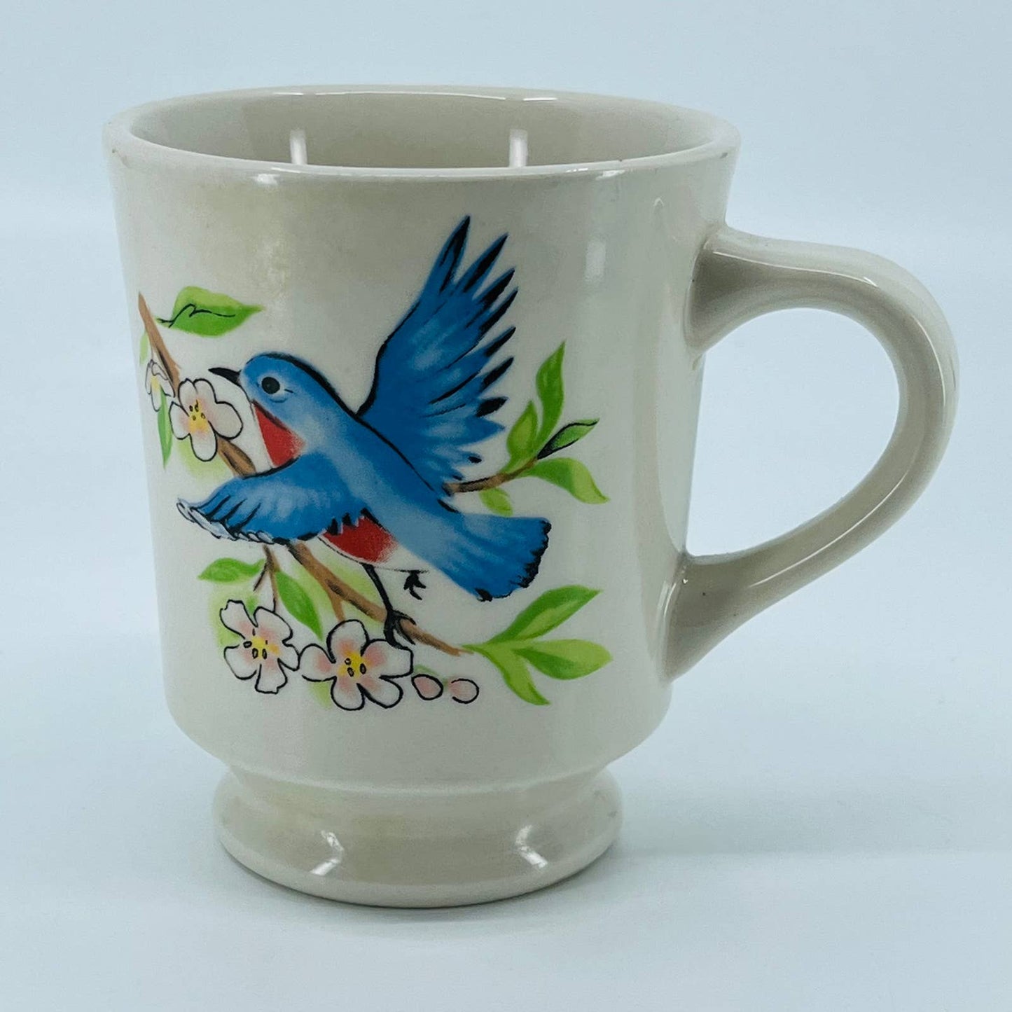 VTG 1960s Fred Roberts Style Pedestal Stoneware Mug Bluebird Cherry Blossoms TB7