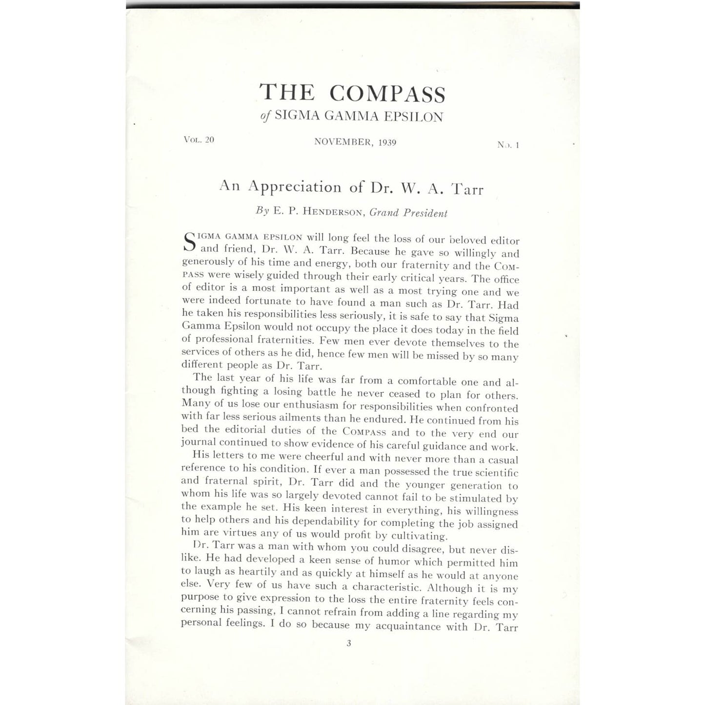 1939 The Compass of Sigma Gamma Epsilon Magazine W.A. Tarr Memorial TJ7