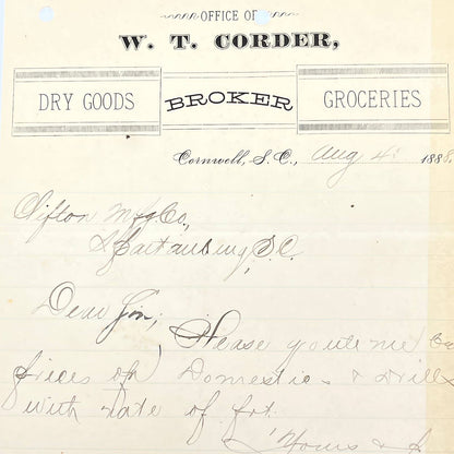 1888 W.T. Corder Groceries Dry Goods Letterhead Cornwall SC AB9