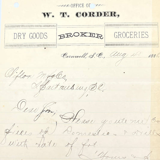 1888 W.T. Corder Groceries Dry Goods Letterhead Cornwall SC AB9