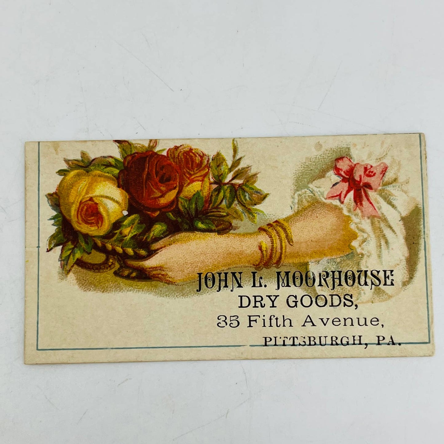 1880s Victorian Trade Card Floral John L. Moorhouse Dry Goods Pittsburgh PA AA2