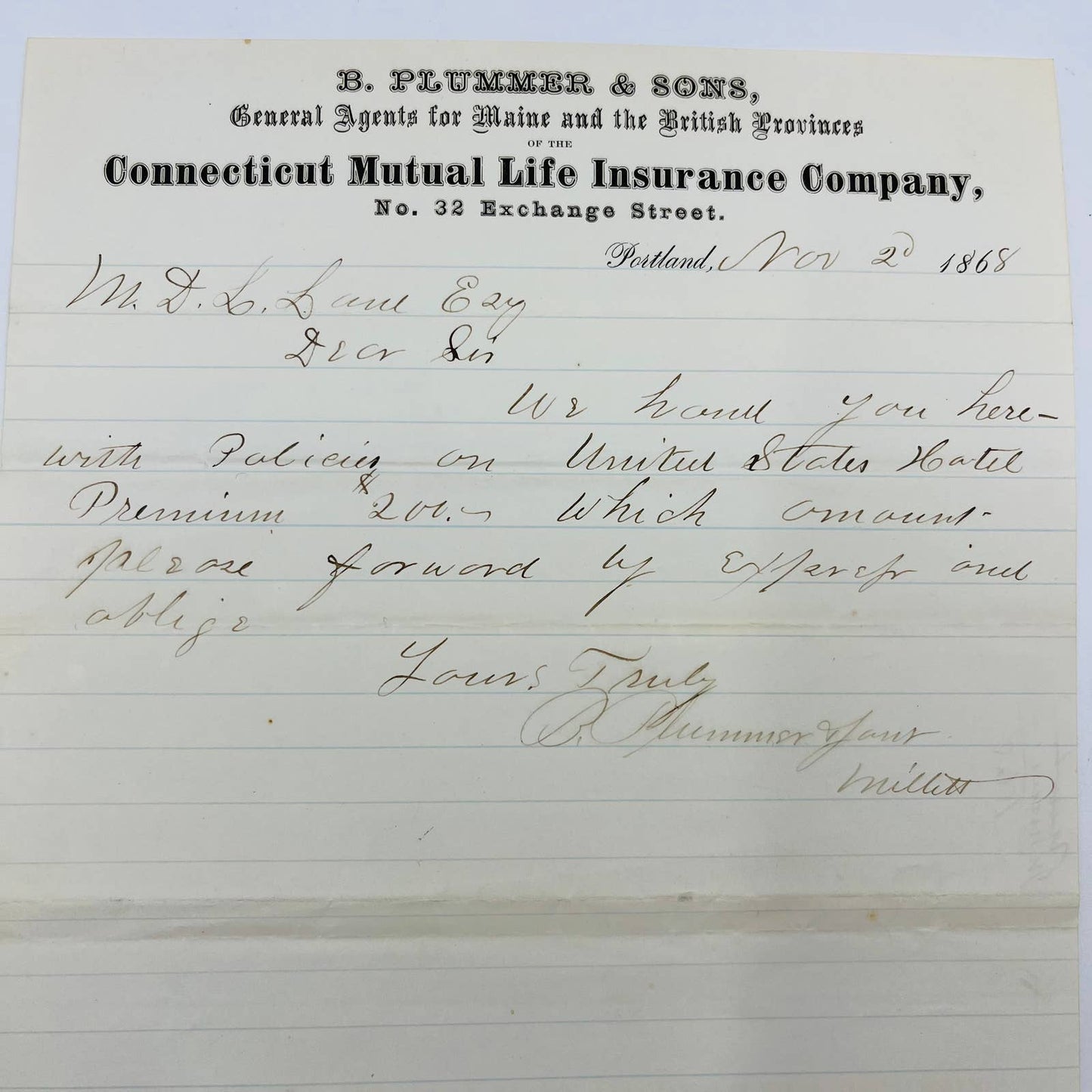 1868 B. Plummer & Sons Life Insurance 32 Exchange St ME Billhead Receipt AA4