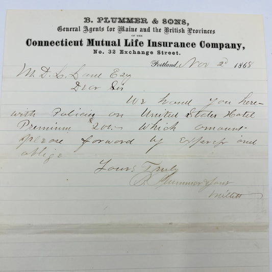 1868 B. Plummer & Sons Life Insurance 32 Exchange St ME Billhead Receipt AA4