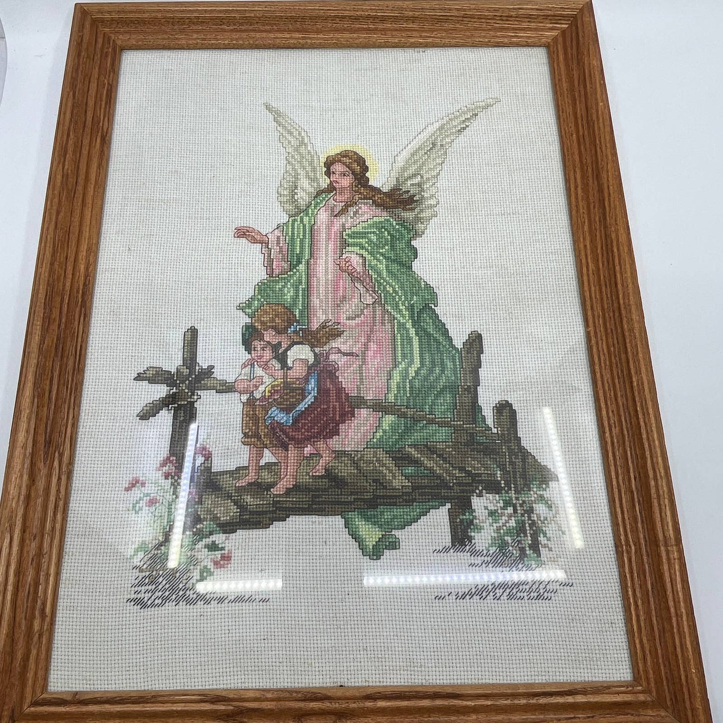 Guardian Angel Cross Stitch Art in Wooden Frame Handmade Finished Wall Decor TG3