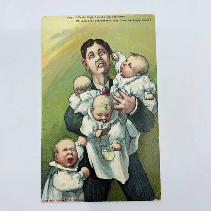 1908 Post Card Illustrated Man Holding 4 Babies Humor Poem PA7