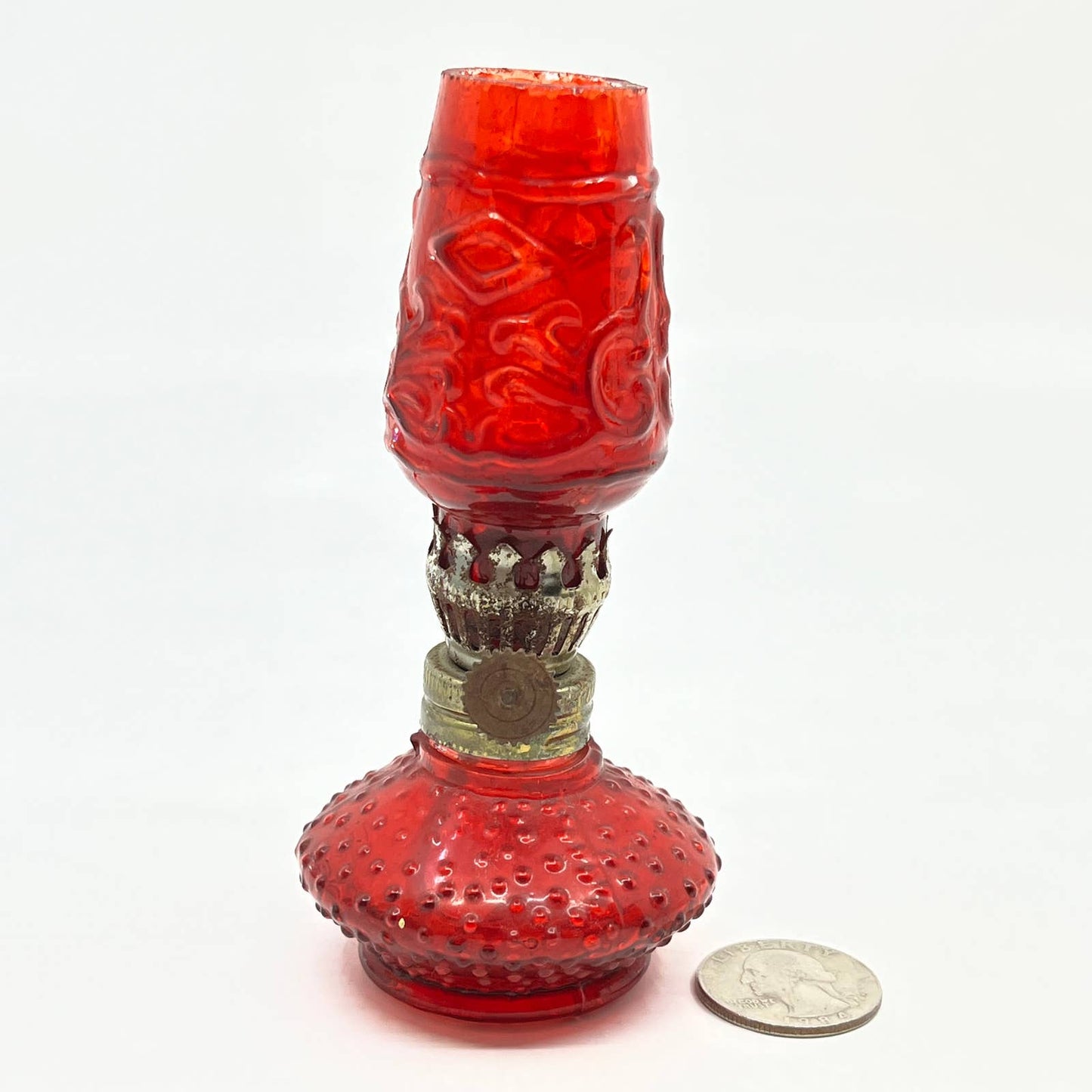 Vintage Mini Red Ruby Hobnail Glass Kerosene Oil Lamp 4.5" TC7