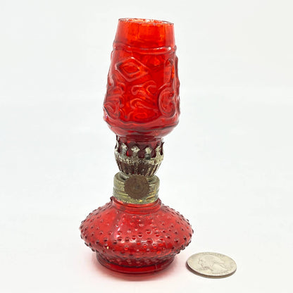 Vintage Mini Red Ruby Hobnail Glass Kerosene Oil Lamp 4.5" TC7