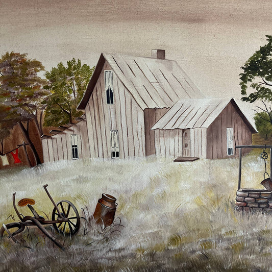 Vintage Kitsch Original Art Oil Painting Farmhouse Signed Debbie Curtis 18x24"