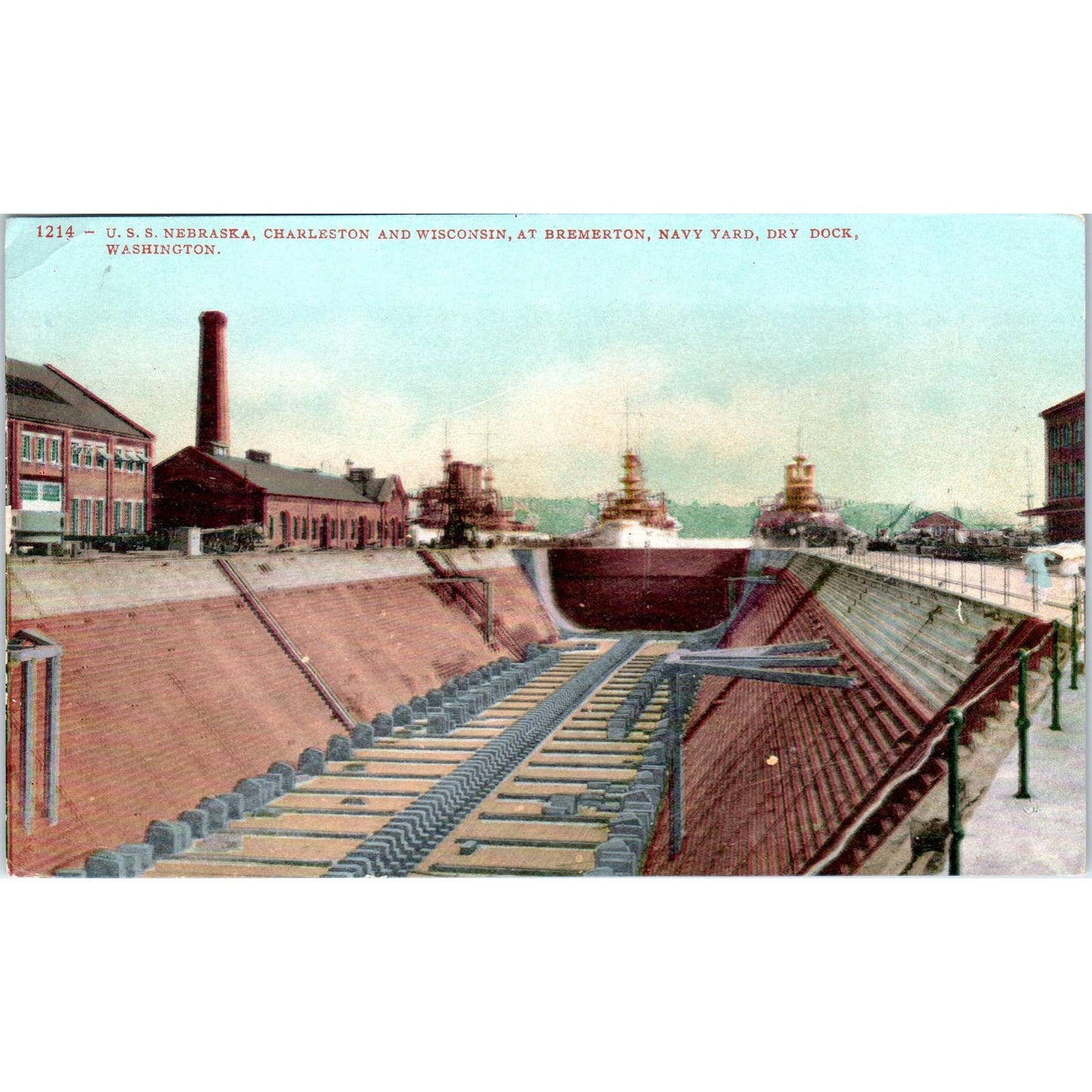 Vintage Postcard USS Nebraska, Charleston & Wisconsin at Bremerton Navy Yard TD9