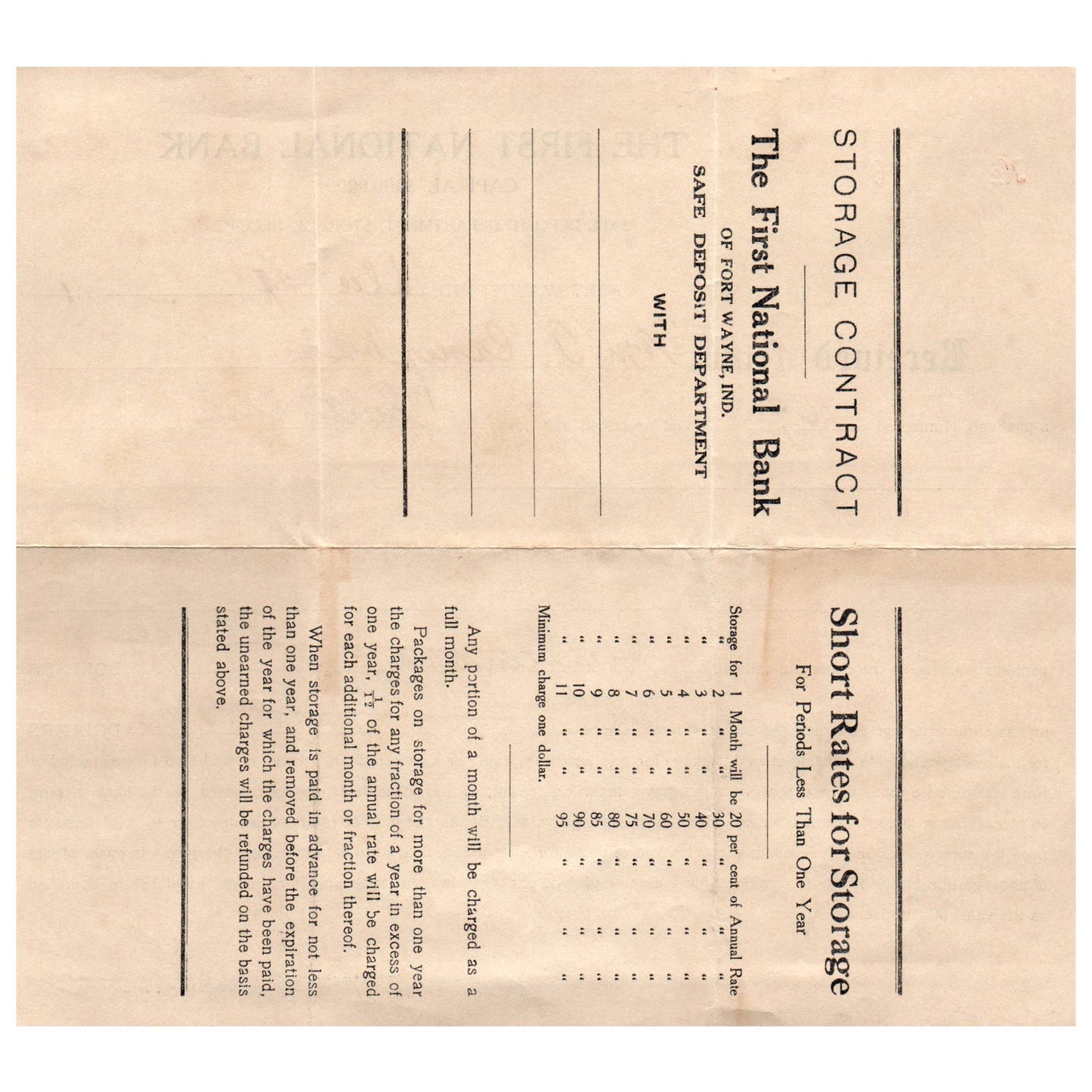 1911 First National Bank of Fort Wayne IN Safety Deposit Storage Receipt AD8