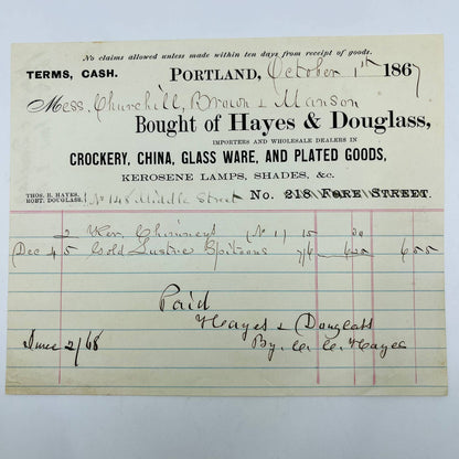 1867 Hayes & Douglass Dry Goods Portland ME Billhead Letterhead Receipt AA4