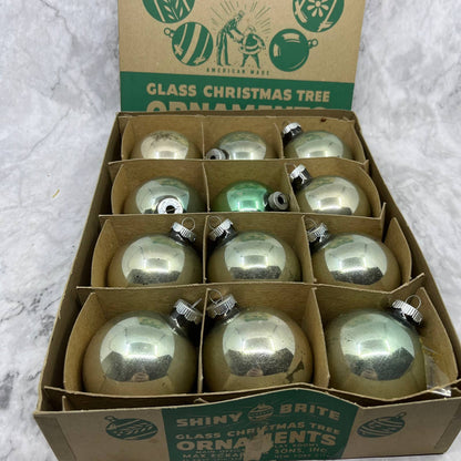 Shiny Brite 12 Vintage 3" Mercury Glass Ornaments Original Box  Silver Green TJ9