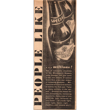 1935 Minneapolis Journal Newspaper Ad Grain Belt Canterbury Ale on Draft FL5-3