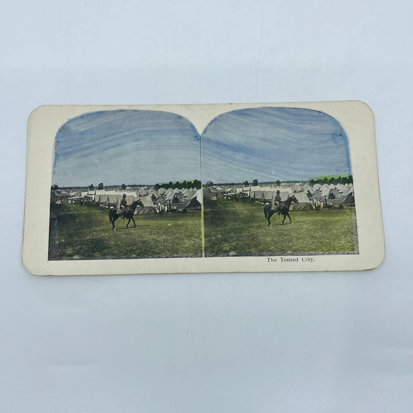 1898 Stereoview Card Tinted Spanish-American War US Army Troops The Tented City