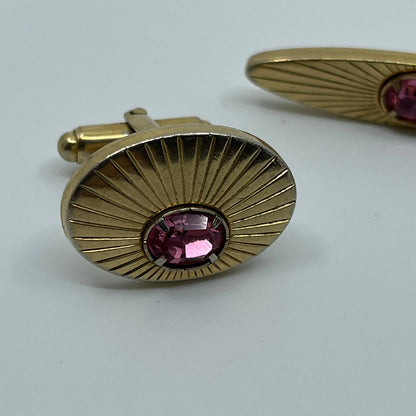 1950s Anson Gold Tone Atomic Sunburst Pink Rhinestone Cufflinks & Tie Clip SE1