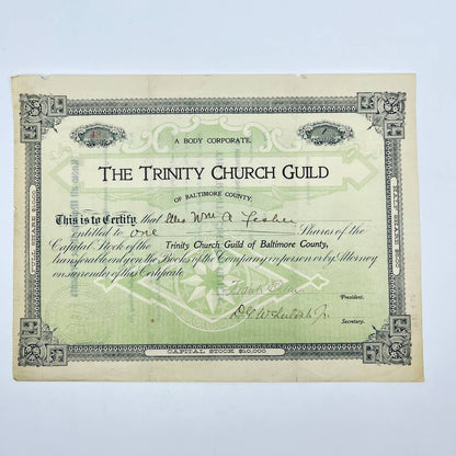 1903 Trinity Church Guild Capital Stock Certificate Baltimore MD AA7