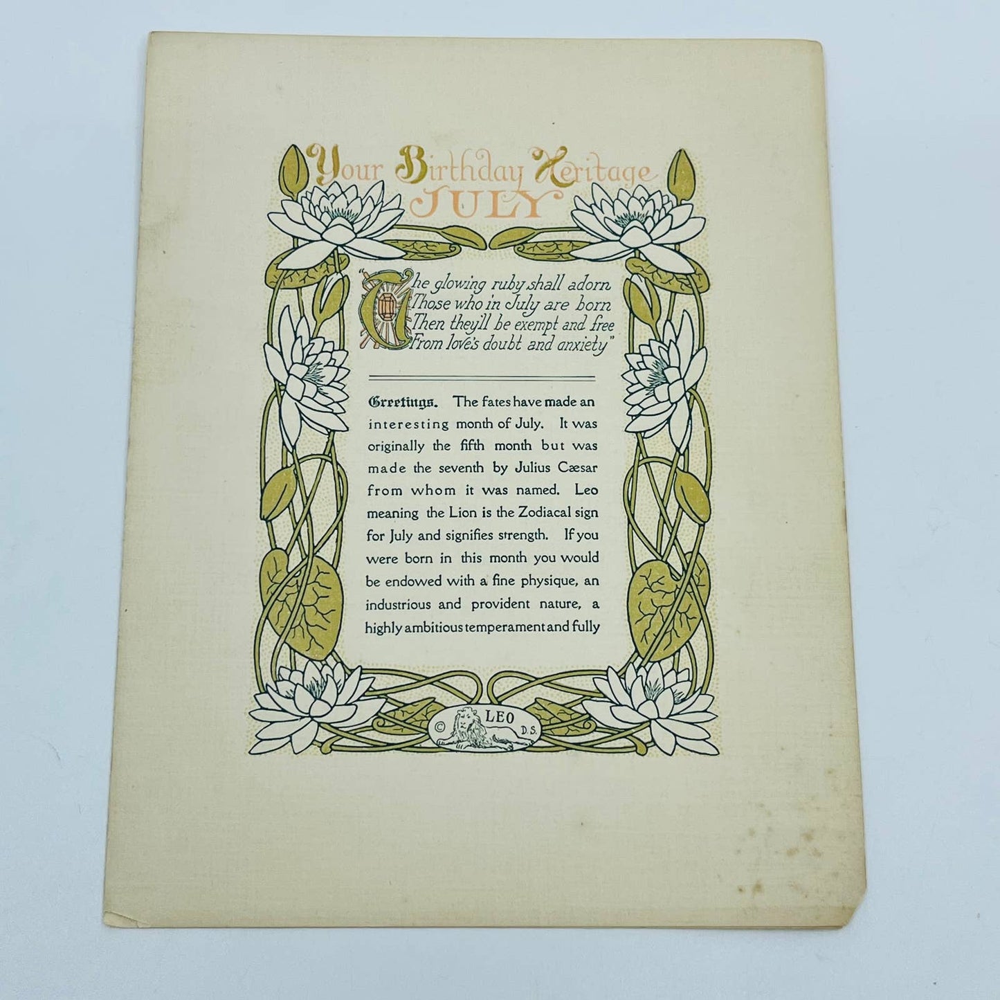 1910 Your Birthday Heritage JULY Leo Zodiac Birthday Card DesArts Boston D4