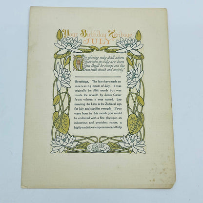 1910 Your Birthday Heritage JULY Leo Zodiac Birthday Card DesArts Boston D4