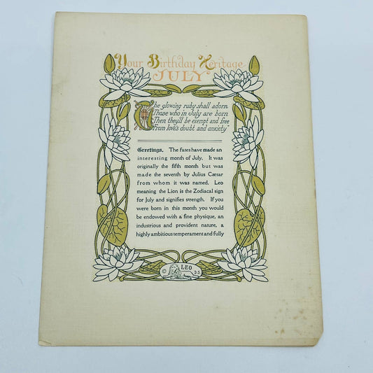 1910 Your Birthday Heritage JULY Leo Zodiac Birthday Card DesArts Boston D4