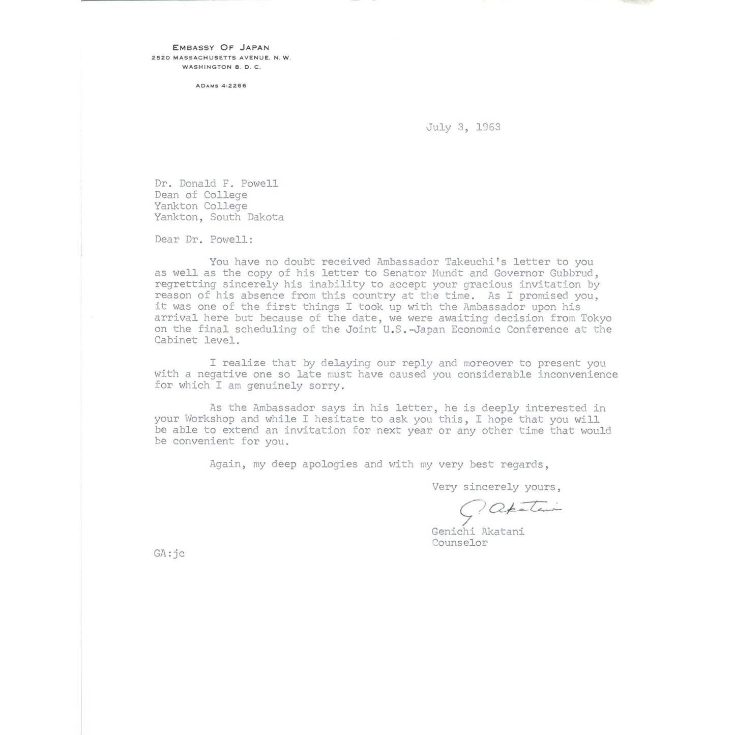Embassy of Japan Letterhead Memo Genichi Akatani 7/3/63 B14
