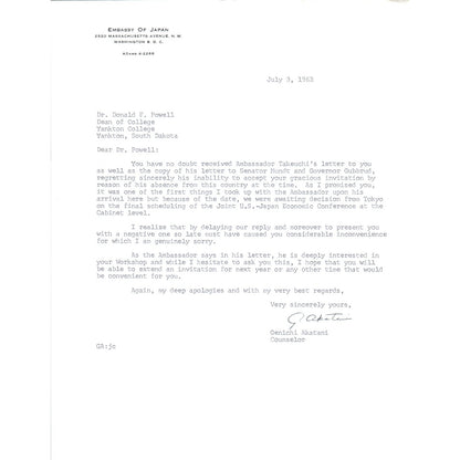 Embassy of Japan Letterhead Memo Genichi Akatani 7/3/63 B14