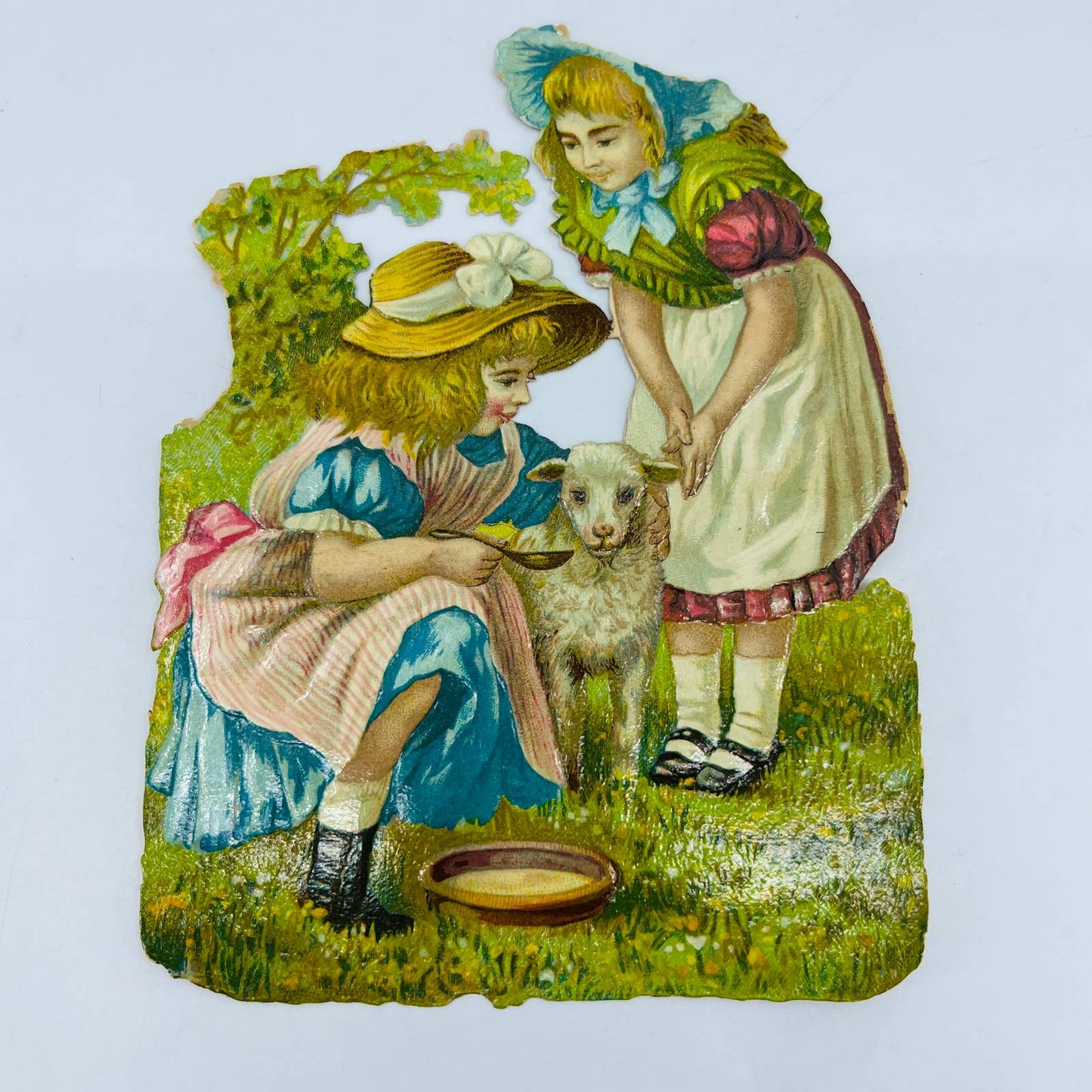 1880s Victorian Die Cut Scrap Little Girls Feeding Lamb 5.5 x 4” AA4