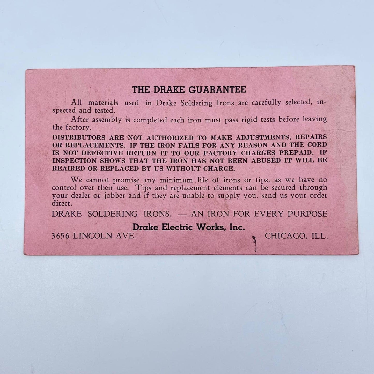 Vtg Drake Electric Works Soldering Iron Instruction Card Chicago IL AB2