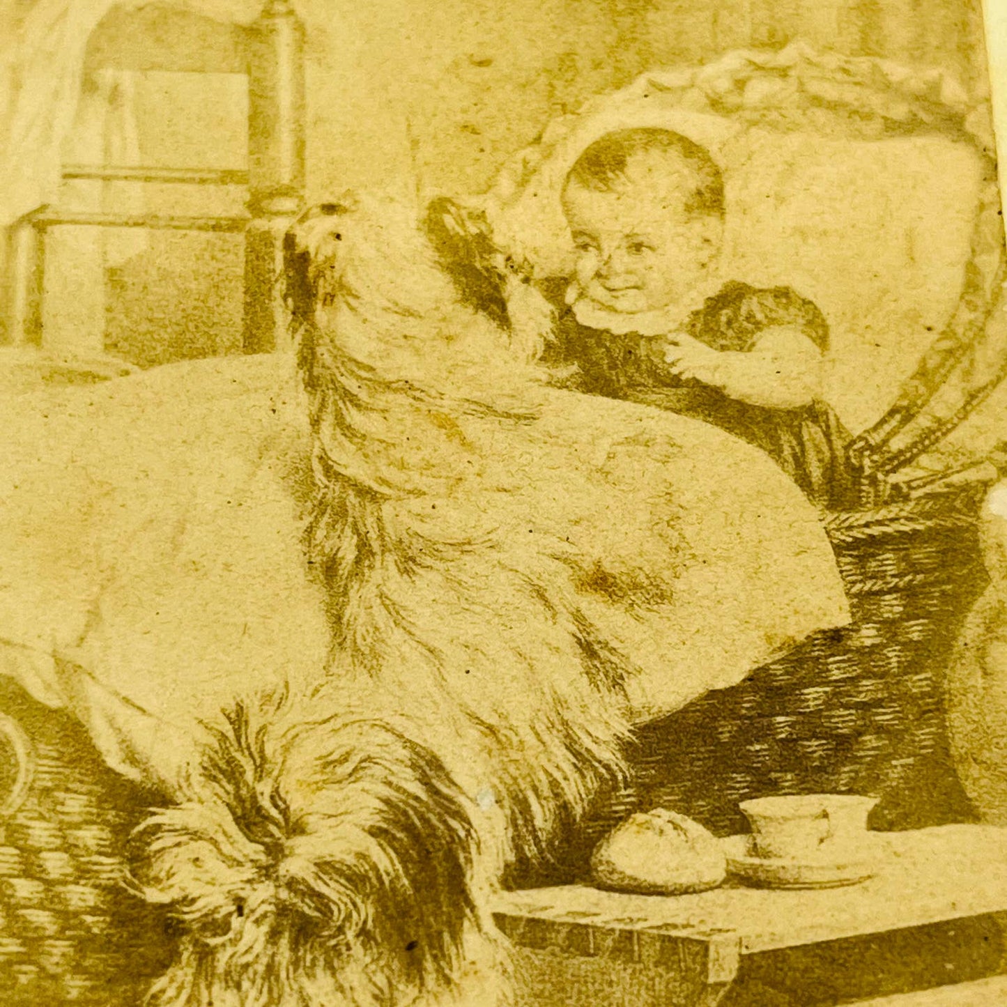 1860's Sepia on Card Good Morning Baby & Her Puppy Dog John P. Soule 2.5 x 4” C1