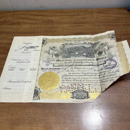 Antique 1901 Stock Certificate Merrimack Consolidated Mines Company Colorado B5