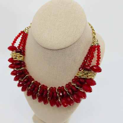 Vintage MCM Red Lucite Bead Gold Tone Chunky Statement Bob Necklace SB2